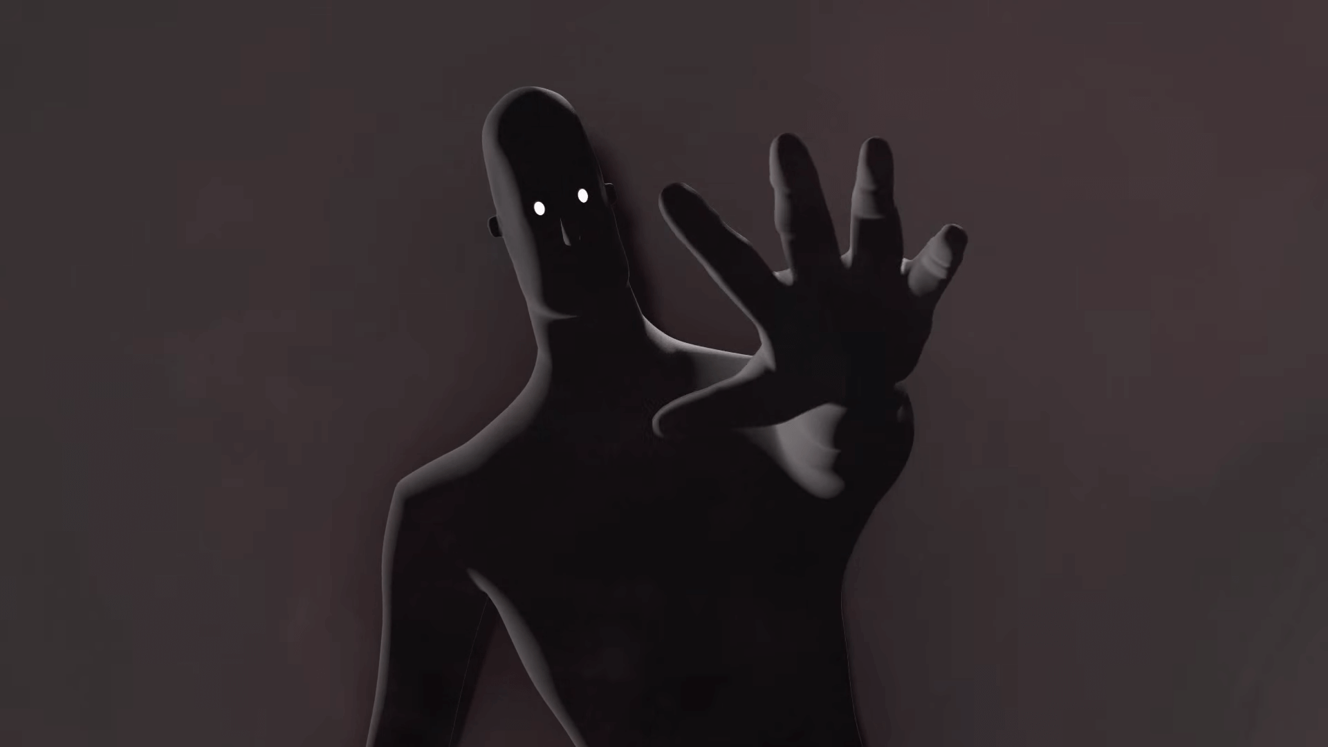 A dark, shadowy humanoid figure with glowing white eyes reaches forward with an outstretched hand against a dim, grey background. The expression and pose suggest a sense of urgency or intensity.
