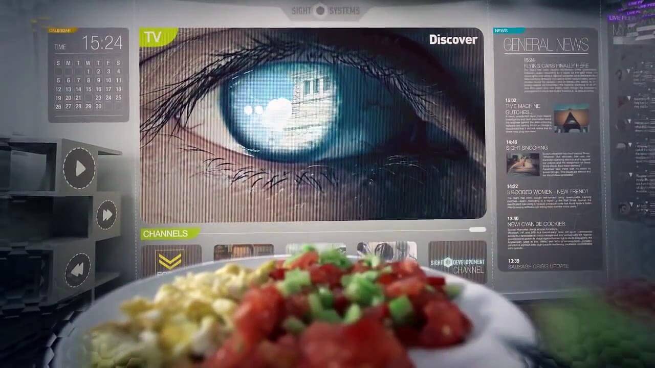 A close-up of a human eye reflecting a building, surrounded by futuristic digital screens displaying news, time, and channels. In the foreground, a plate of food with scrambled eggs and a tomato dish is visible.