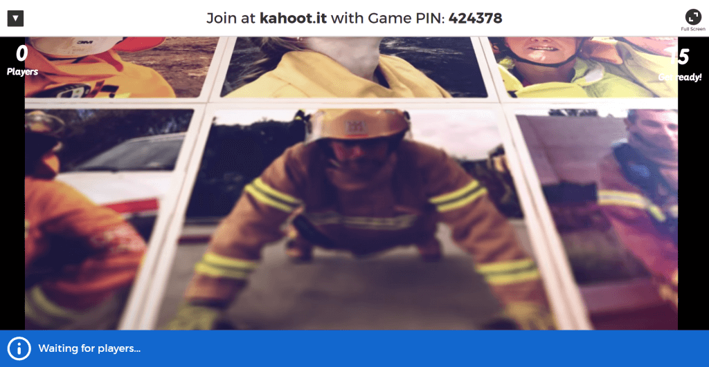 A Kahoot! game lobby screen displays a Game PIN (424378) at the top. In the centre, there are images of firefighters in uniform. The player count shows 0 players, and the blue bar below reads "Waiting for players...".