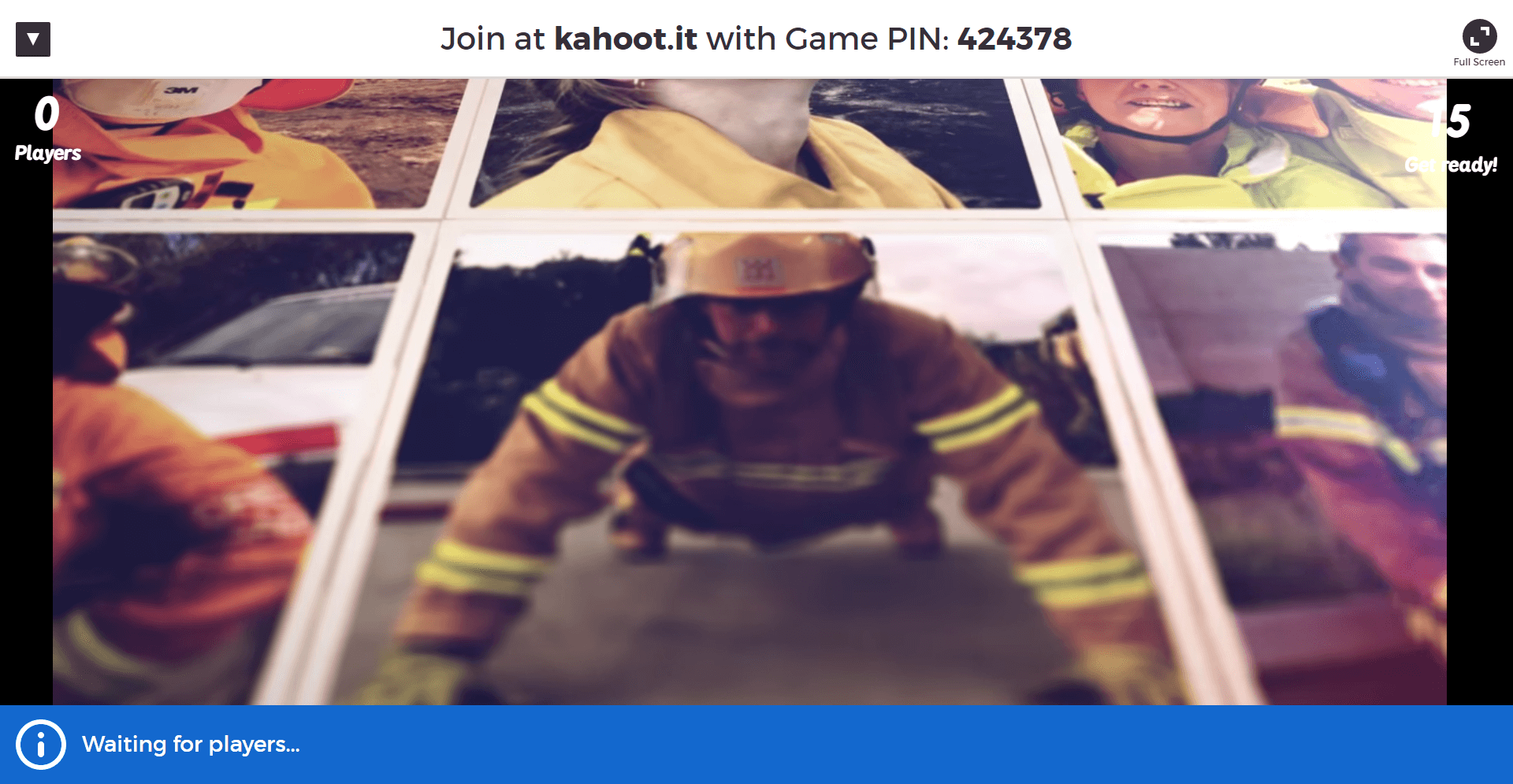 A Kahoot! game lobby screen displays a Game PIN (424378) at the top. In the centre, there are images of firefighters in uniform. The player count shows 0 players, and the blue bar below reads "Waiting for players...".