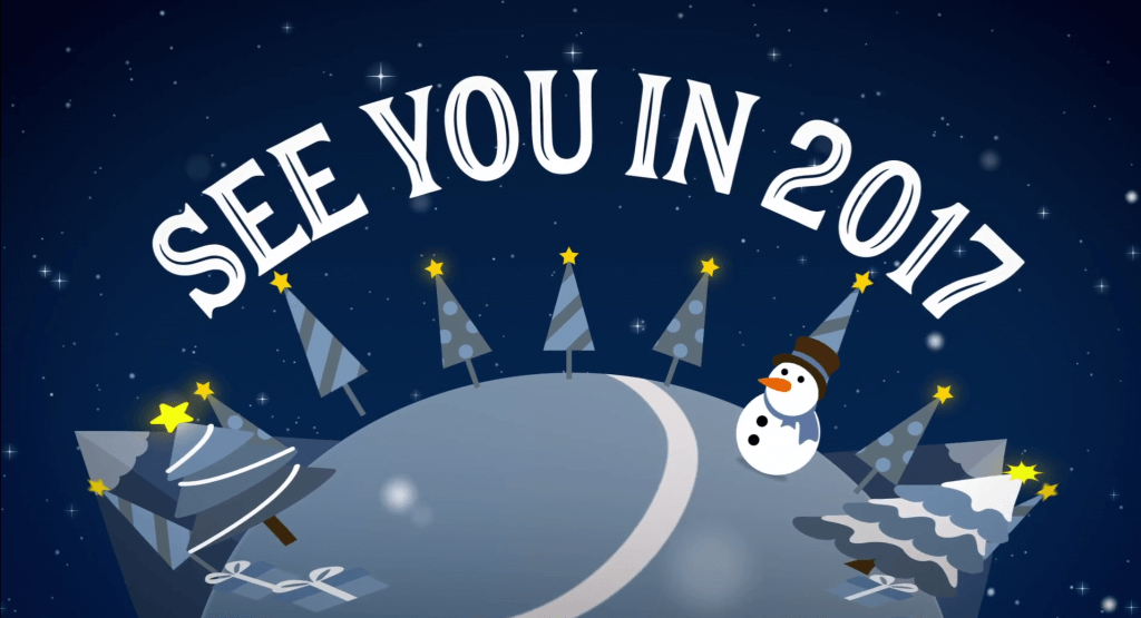 A festive scene with snowy trees, a snowman, and a curved road under a starry night sky. Large text above reads, "SEE YOU IN 2017.
