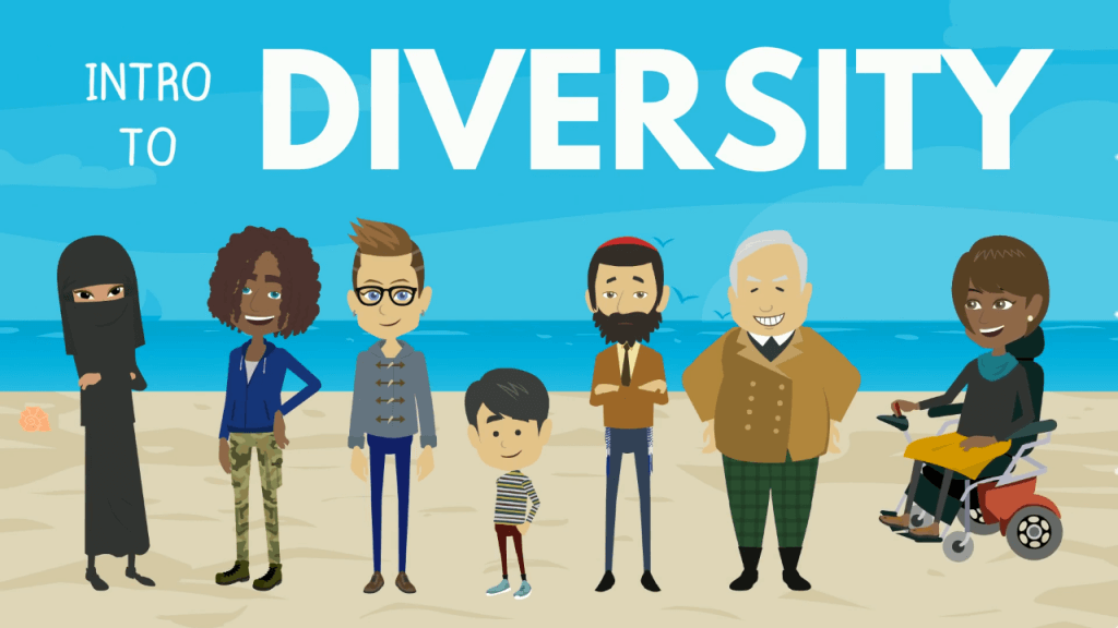 A diverse group of cartoon people stand together on a beach under the words "Intro to Diversity." The group includes people of different ages, races, abilities, and clothing styles.