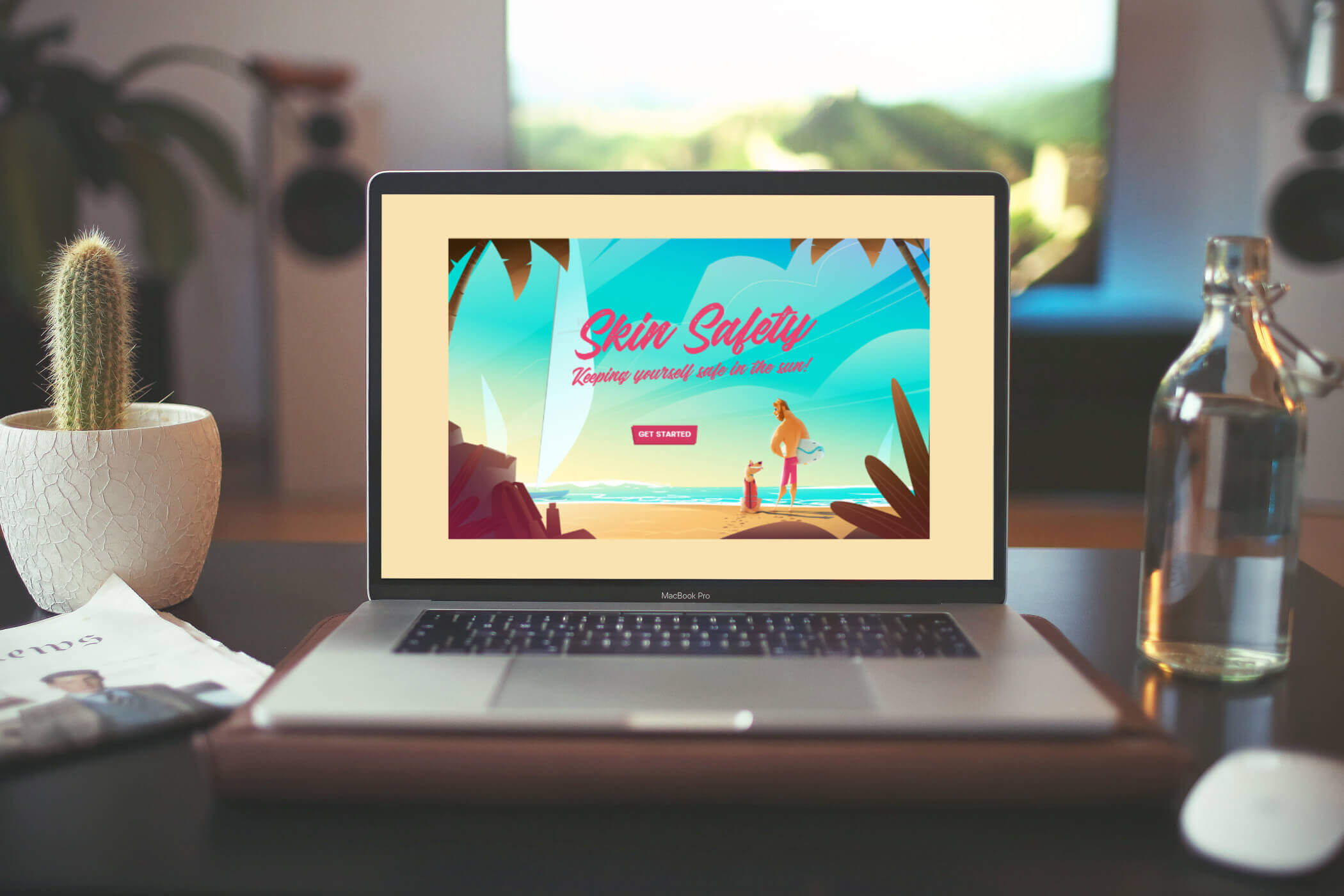 A laptop on a desk displays a colourful skin safety blog, featuring an illustration of two people on a sunny beach. Nearby are a glass bottle, a cactus, and a magazine, with a blurred window view in the background.